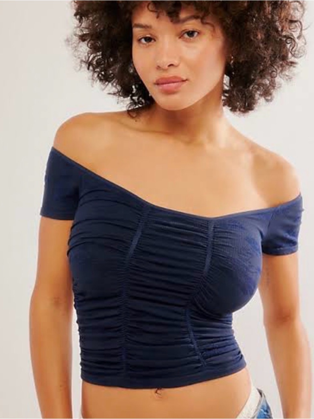 Free People Navy Ruched Scoop Neck Crop Top